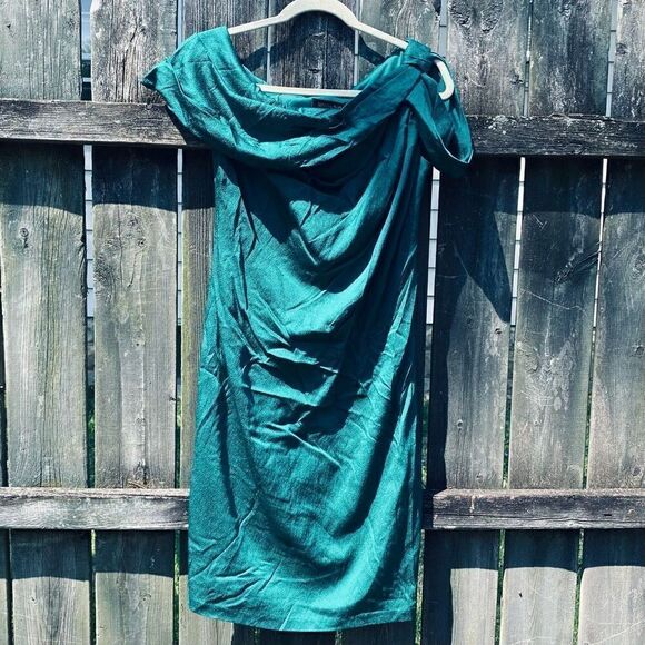 Tadashi Shoji Emerald Silk Off the Shoulder Dress | 6 - Picture 1 of 6